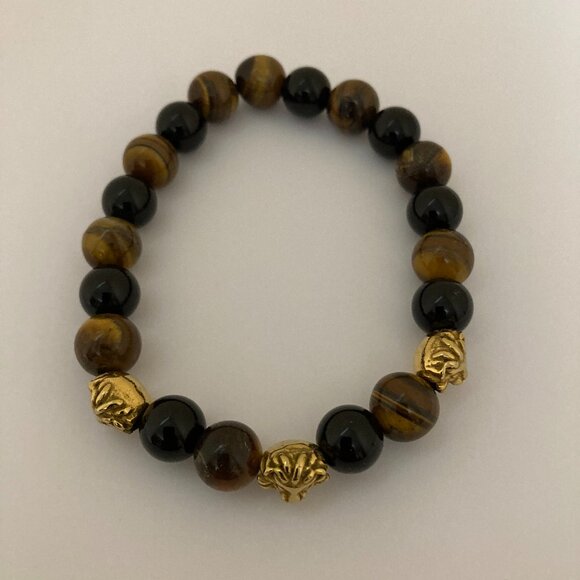 unbranded Other - Mens Tiger Eye Black Onyx Bracelet 10mm Lion Head